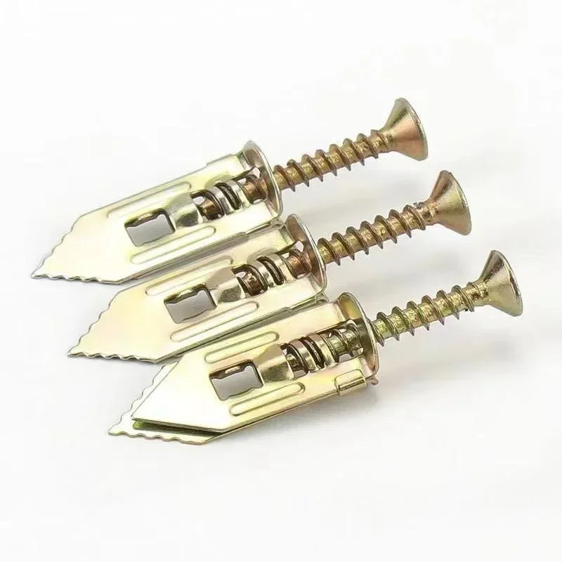 A pair of heavy duty self-drilling drywall anchors with threaded metal screws.