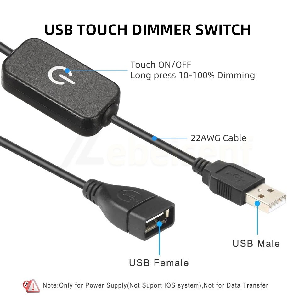 USB touch dimmer switch featuring a long press for 10-100% dimming and a 22AWG cable.