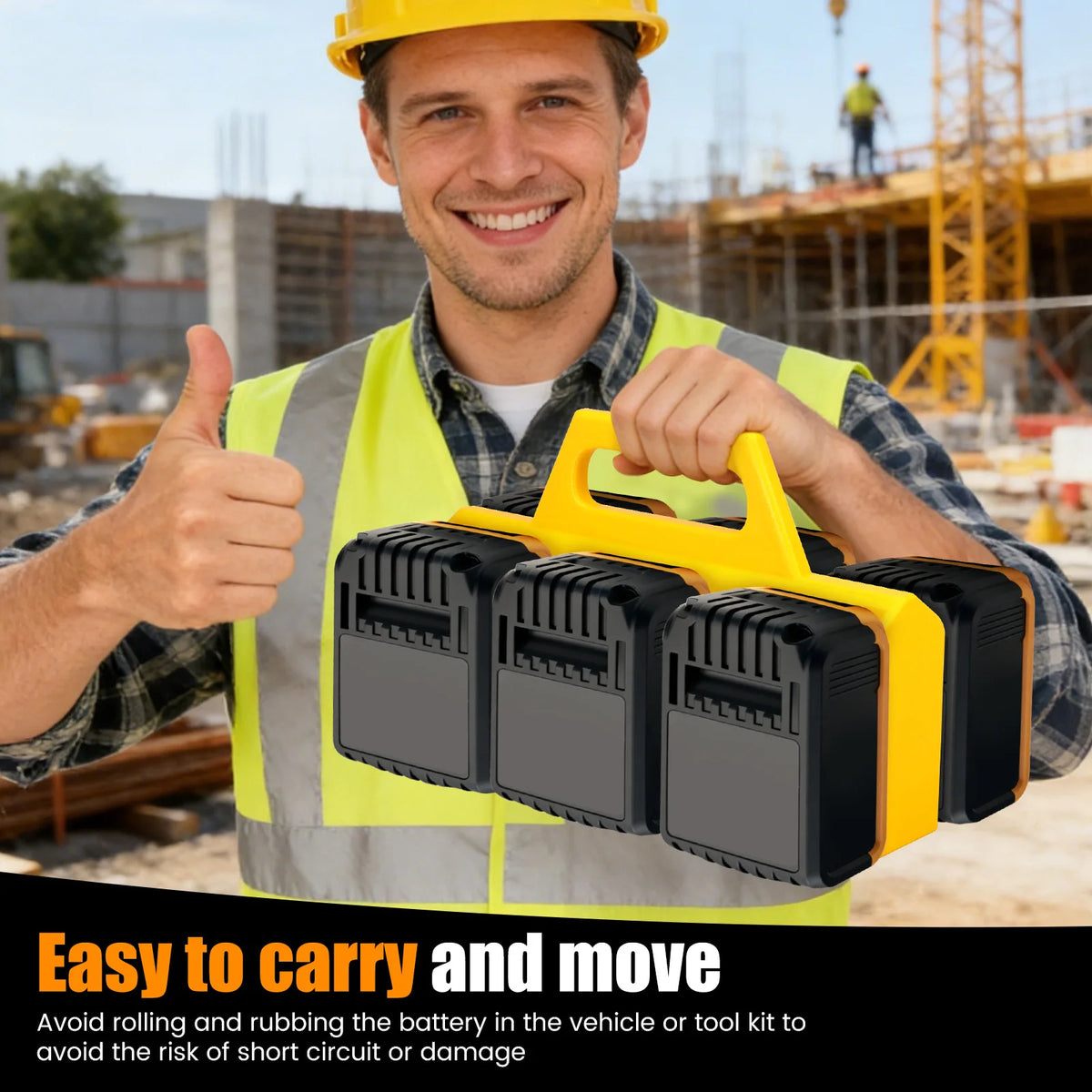 A smiling man in a safety vest holds a yellow portable battery storage organizer for easy carrying and movement.