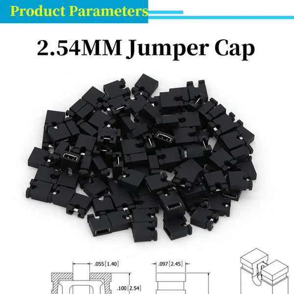 A pile of black 2.54MM jumper cap connectors for through-hole applications.