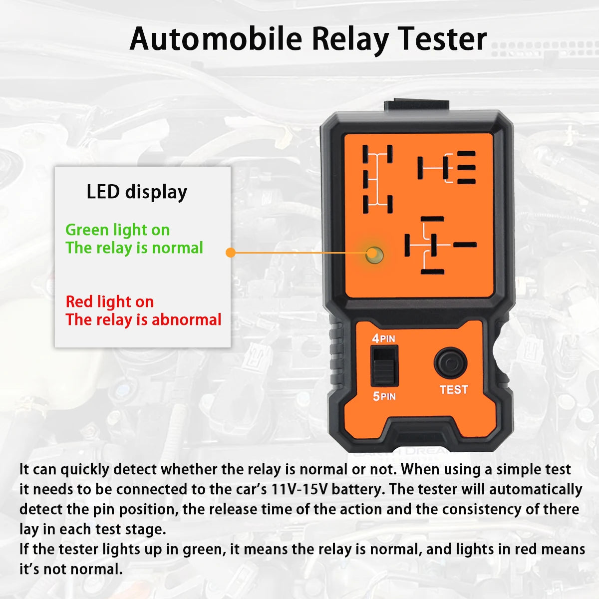 An automotive relay tester device with an LED display showing green for normal and red for abnormal relay status.