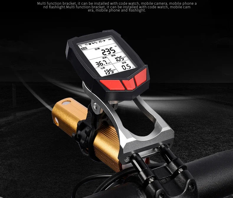 Schwarzer Multifunktionshalter, montiert am Fahrradlenker, zum Installieren von Kameras oder Taschenlampen.