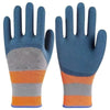 A pair of blue gardening gloves with orange and gray accents shown against a white background.