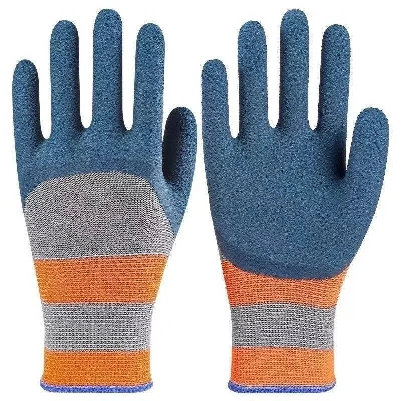 A pair of blue gardening gloves with orange and gray accents shown against a white background.