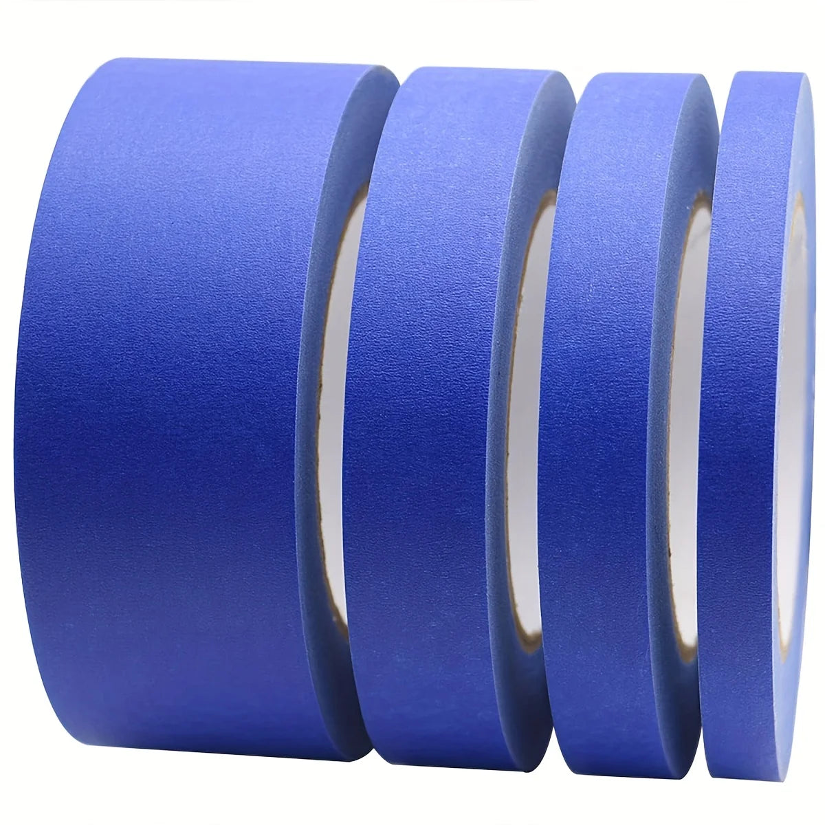 A set of multi-sized painter's masking tape rolls in various shades of blue.