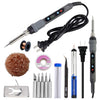 A set of precision digital soldering irons and related tools including tips, solder wire, and a heating iron.