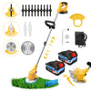 A set of yellow and black cordless electric lawn trimmers, including a handheld trimmer, a long pole, and a battery.