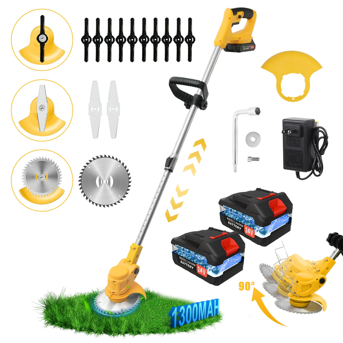 A set of yellow and black cordless electric lawn trimmers, including a handheld trimmer, a long pole, and a battery.