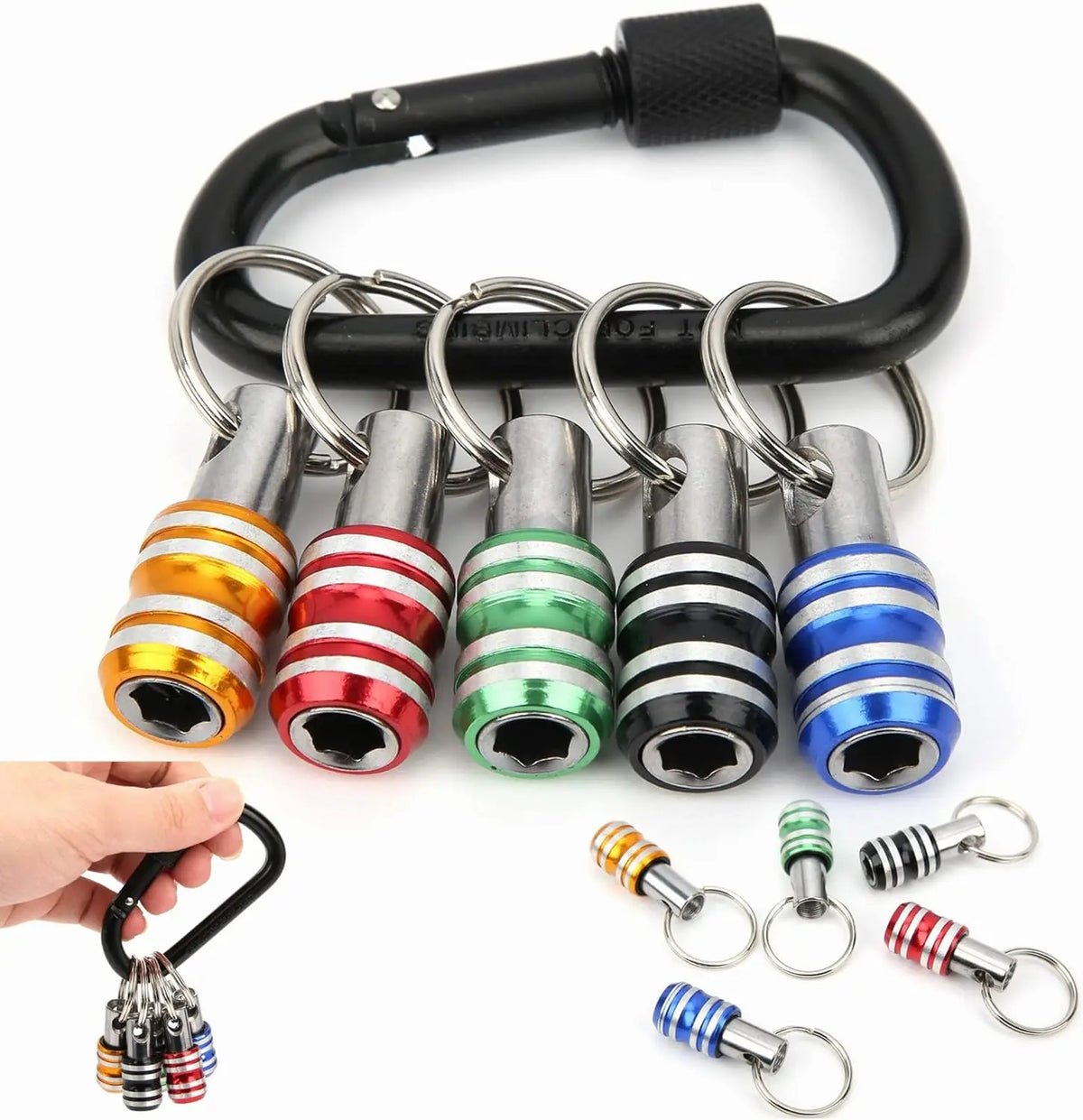 A set of 12 socket bit holders and extension bars with metal clasps and black handles.