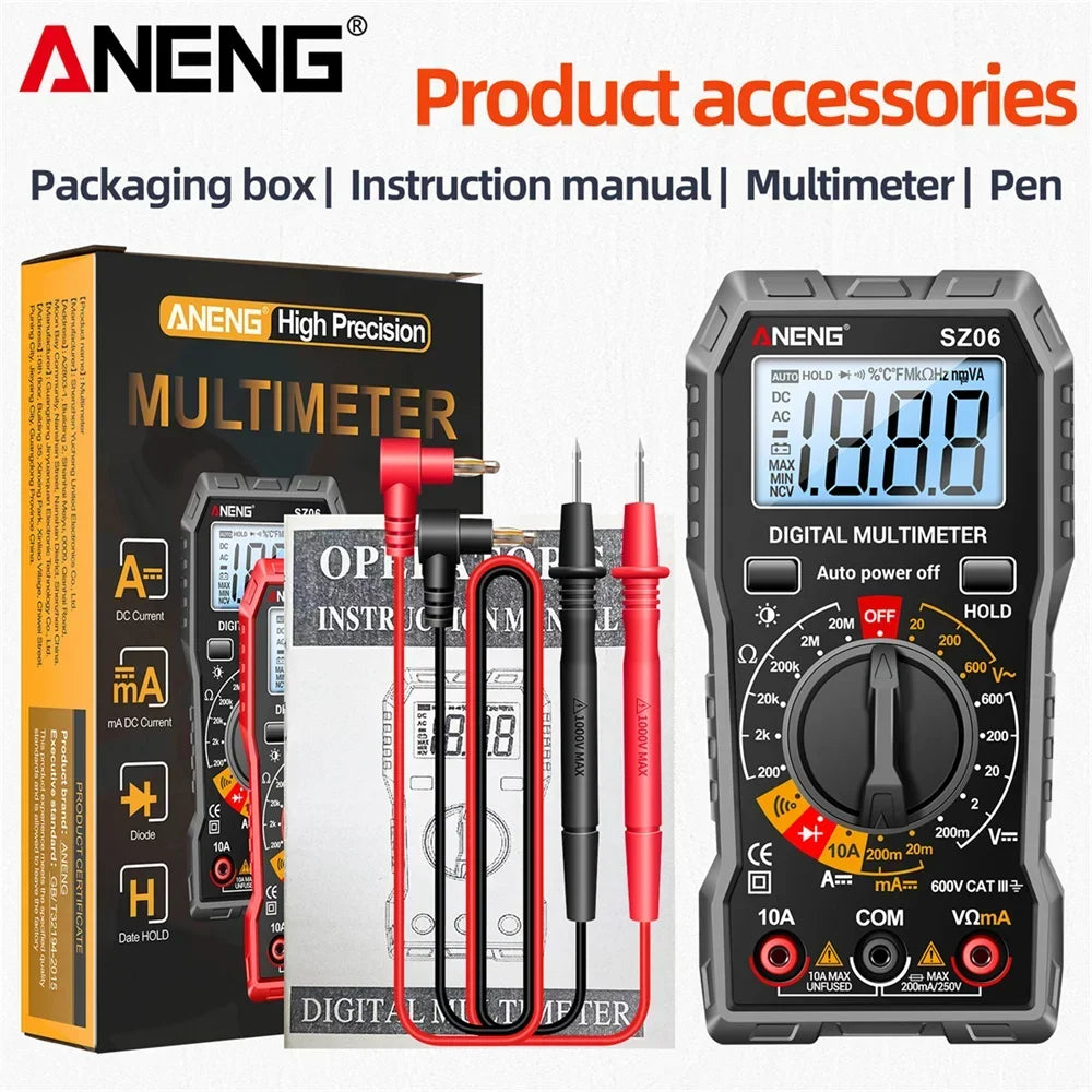 AnENG digital multimeter and its accessories including a packaging box, instruction manual, and pen.
