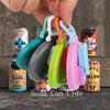 A hand is holding a collection of colorful reusable drink can lids with straws.