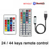 A rectangular remote control with 24 or 44 keys for controlling an RGB LED strip, shown next to a USB cable.