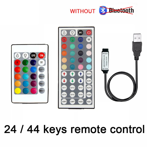 A rectangular remote control with 24 or 44 keys for controlling an RGB LED strip, shown next to a USB cable.