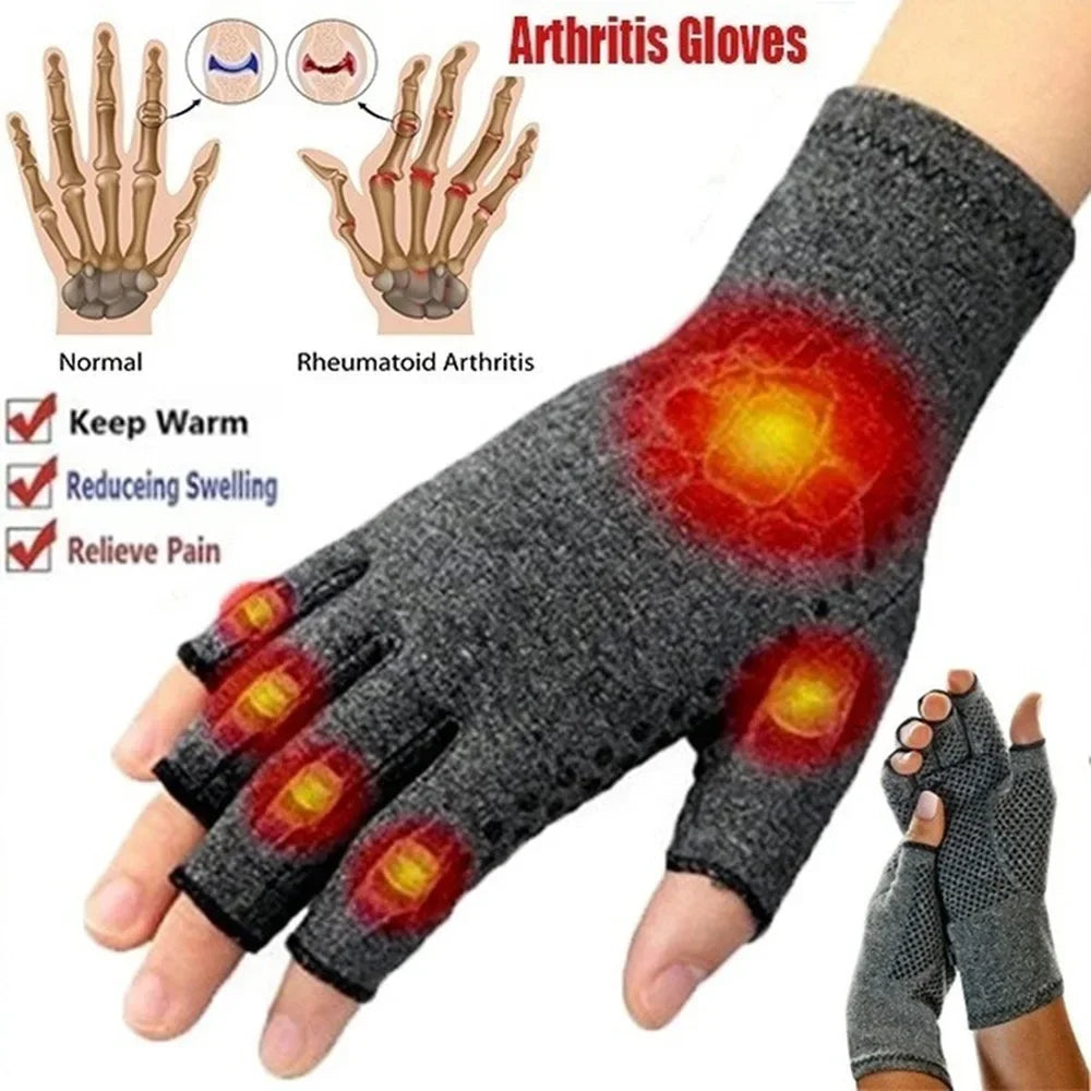 Gray therapeutic compression gloves designed to relieve pain and swelling in arthritis joints