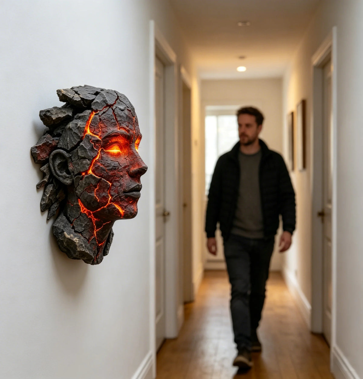 A cracked soul resin wall light pendant mounted on a white wall in a hallway.