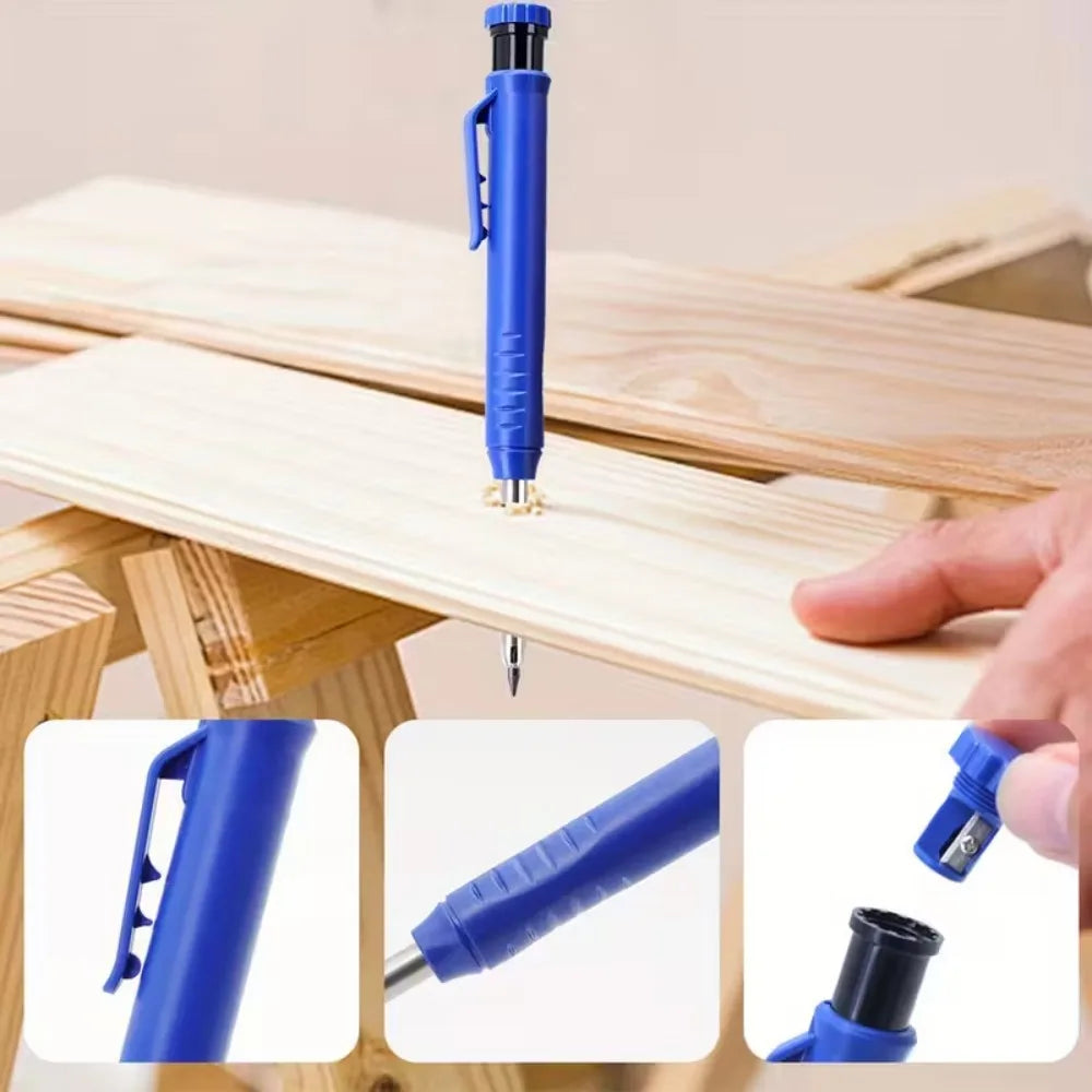 A blue precision carpenter pencil set with refills shown in various angles on a wooden surface.