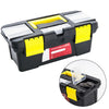 Organizador de caja de herramientas de plástico negro con detalles amarillos, mostrado junto a una vista insertada.