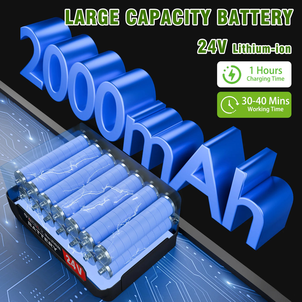 A large capacity 24V Lithium-ion battery pack for a cordless electric lawn trimmer.