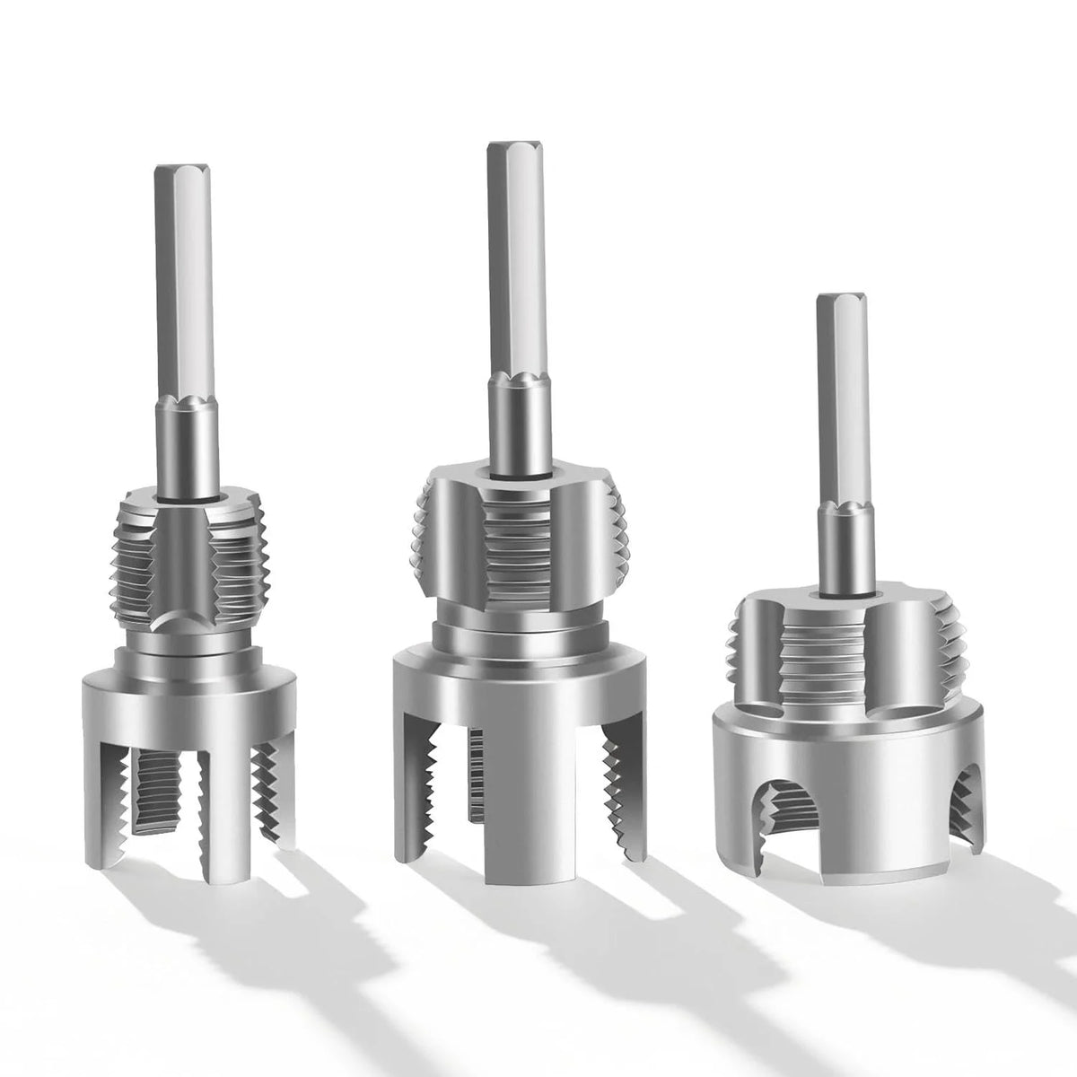 Three precision pipe thread cutting kits showing different sizes of metal pipe threads.