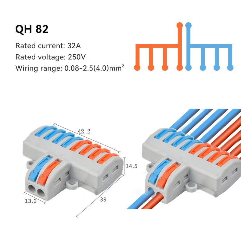 A white electrical push-in connector set with orange and blue wires, showing various wire gauges.
