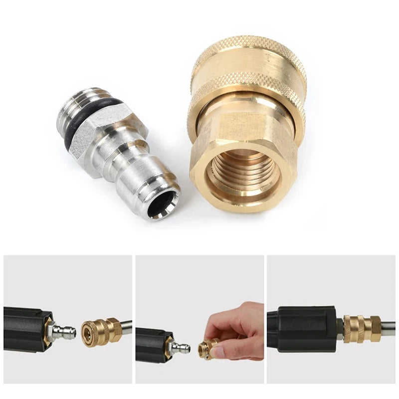 A set of high-pressure washer connectors including a brass and silver coupling and black fittings.