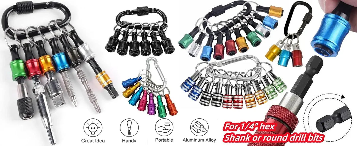 A set of 12 interchangeable 1/4 hex shank or round drill bits and a socket bit holder keychain extension bar