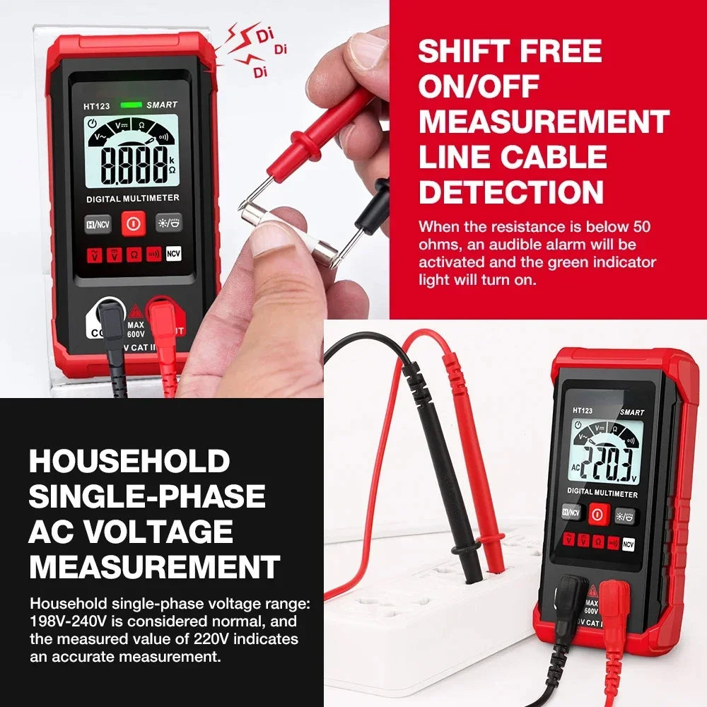 Red digital multimeter with a line cable detection feature and household voltage measurement capability