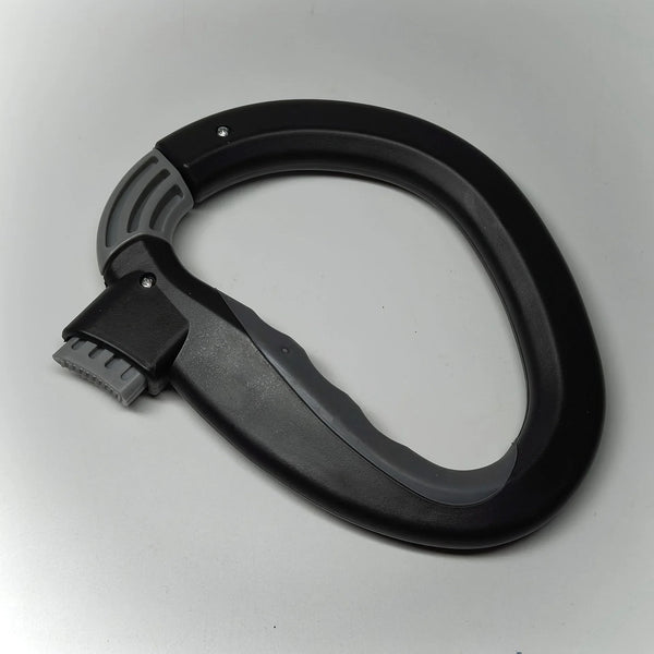 A black ergonomic grocery bag carrier with a curved handle and a clip for securing bags.