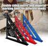 Three precision triangle square rulers in black red and blue for marking lines in woodworking