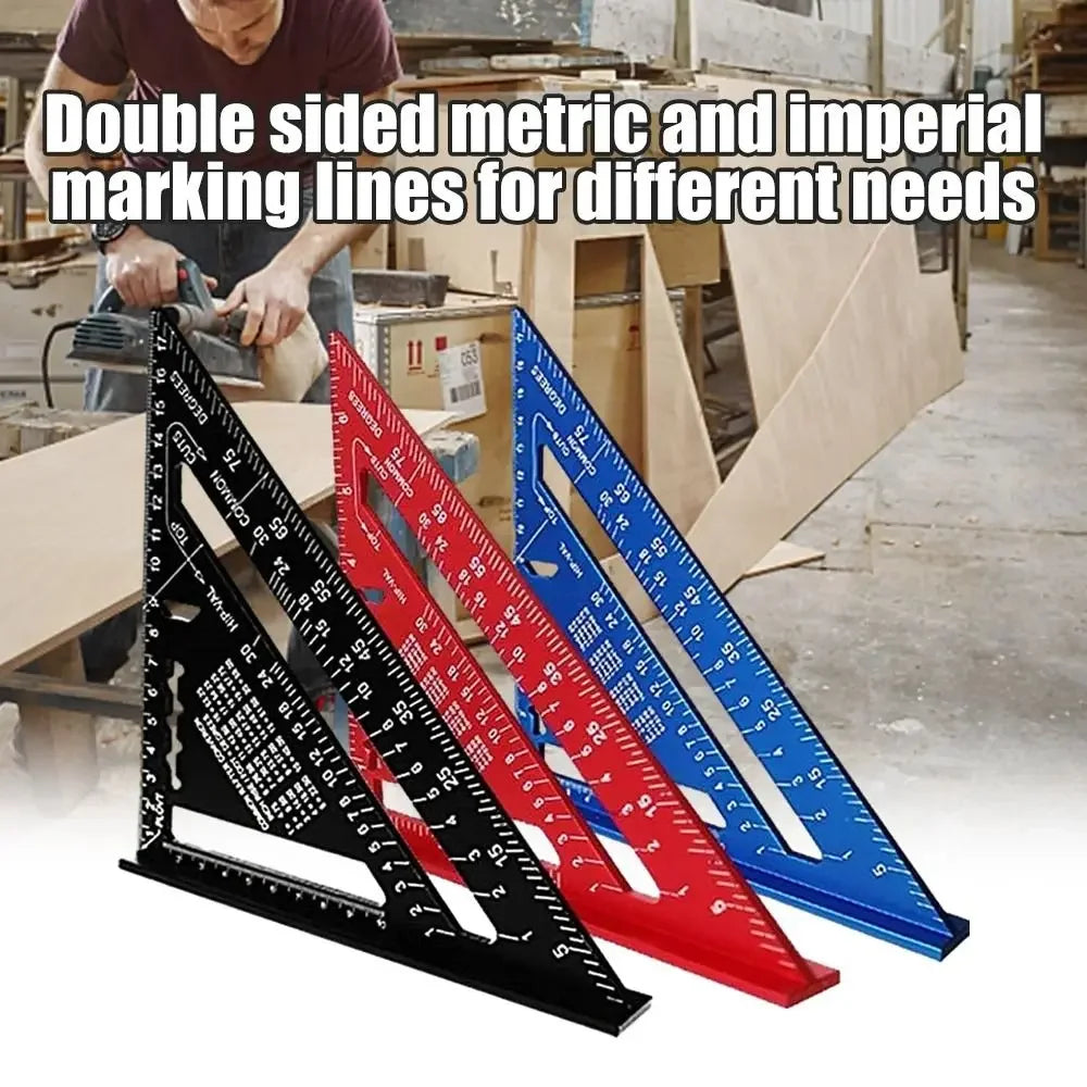 Three precision triangle square rulers in black red and blue for marking lines in woodworking