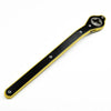 A yellow and black heavy-duty car jack ratchet wrench is shown against a white background.