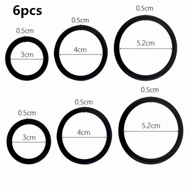 Six pairs of black silicone rings for erection enhancement, showing various sizes.