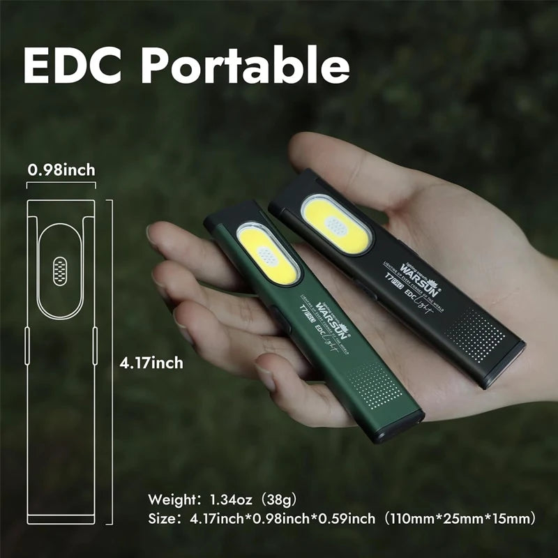 A hand holds a portable EDC flashlight with a green body and yellow LED light, showing its dimensions.