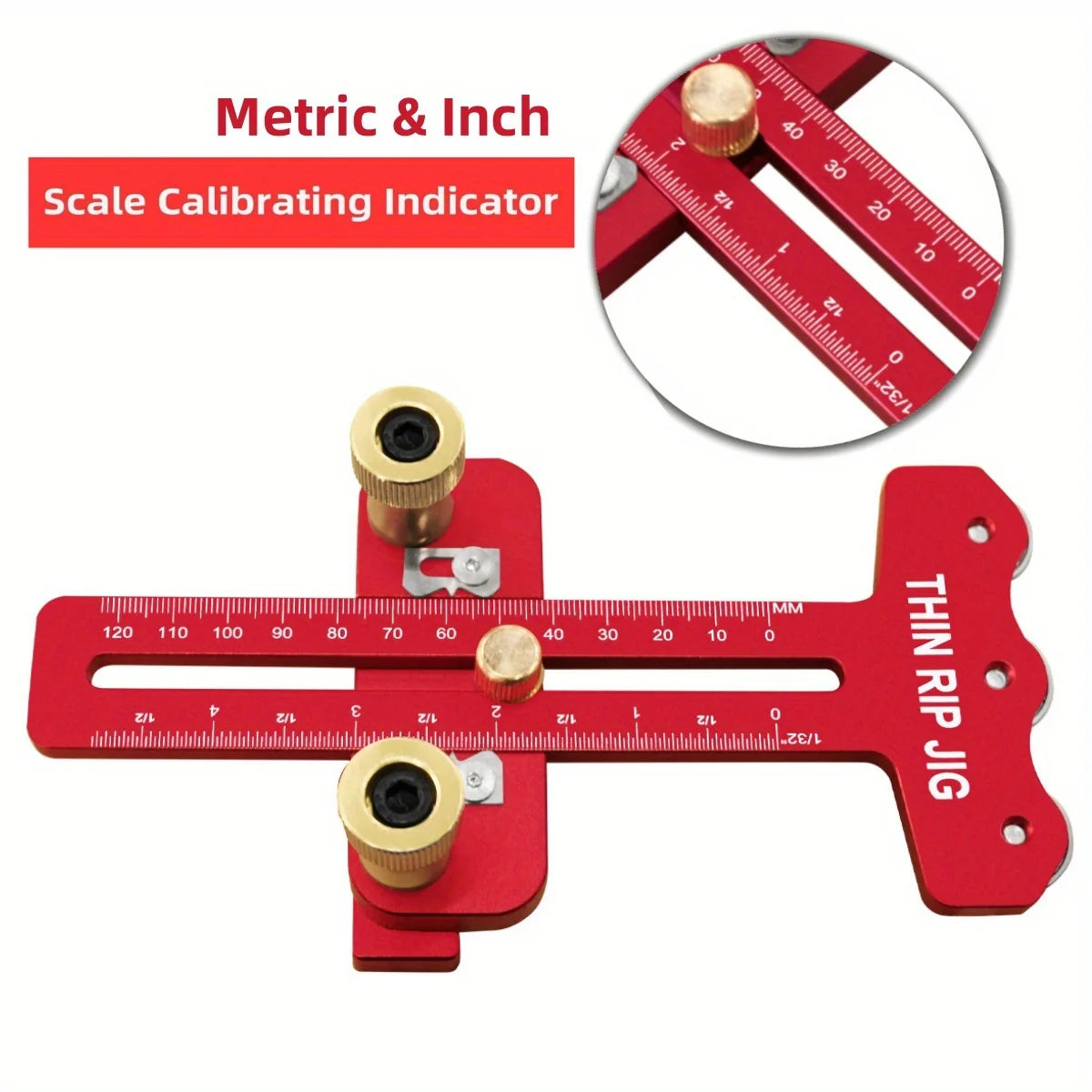 Red metric and inch scale calibrating indicator for a thin rip jig tool