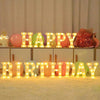 Luces LED con letras y números que deletrean 'HAPPY BIRTHDAY' en varios colores pastel