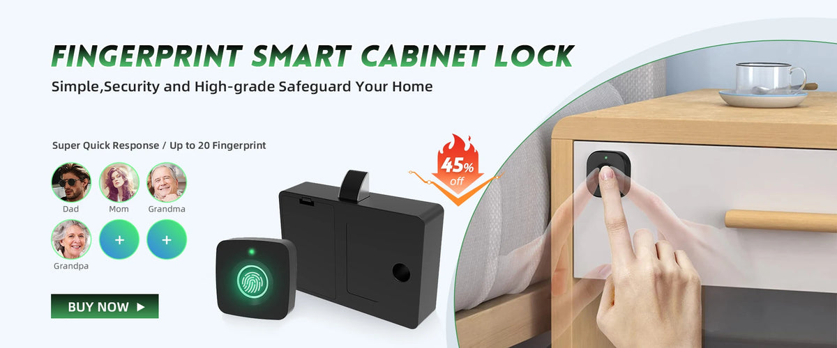A hand uses a fingerprint scanner on a smart cabinet lock to access a wooden cabinet.