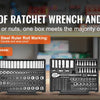 A set of ratchet wrenches and sockets stored in a black box, showing various sized tools.
