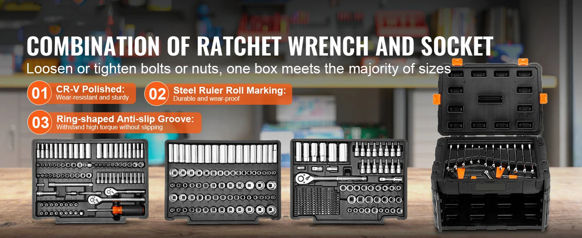A set of ratchet wrenches and sockets stored in a black box, showing various sized tools.