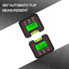 A black digital angle gauge with a green display showing 15.00 degrees, demonstrating 360° automatic flip measurement.