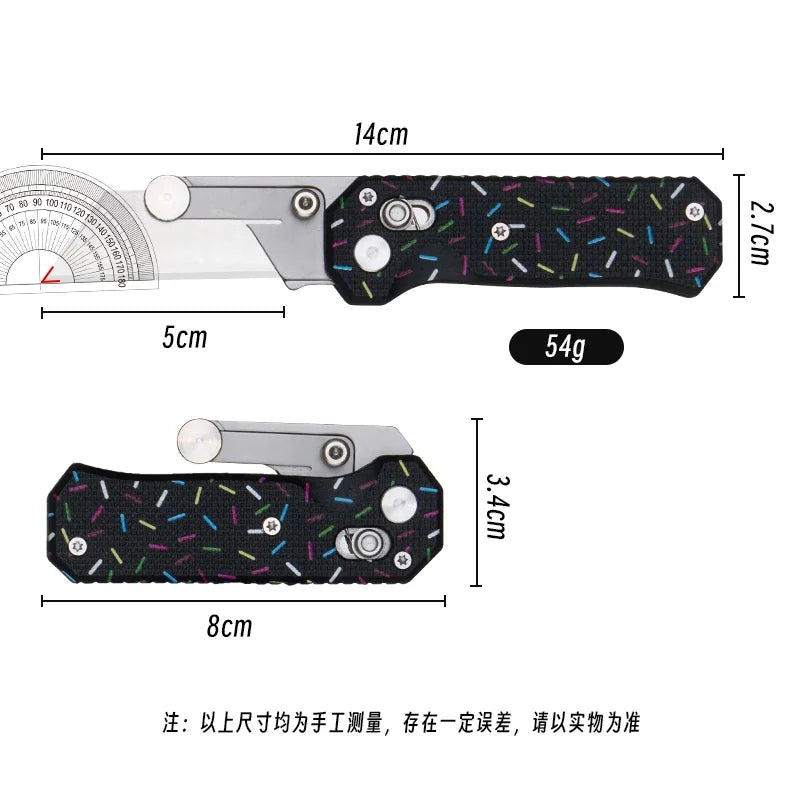 A folding steel utility knife with a black patterned handle and silver blade, shown in multiple views.