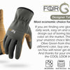 A pair of olive green work gloves shown next to the brand logo and features.