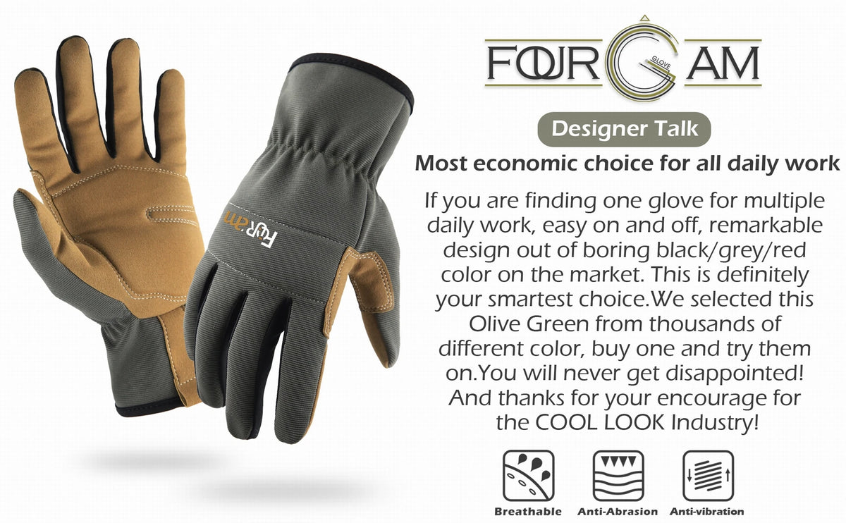A pair of olive green work gloves shown next to the brand logo and features.