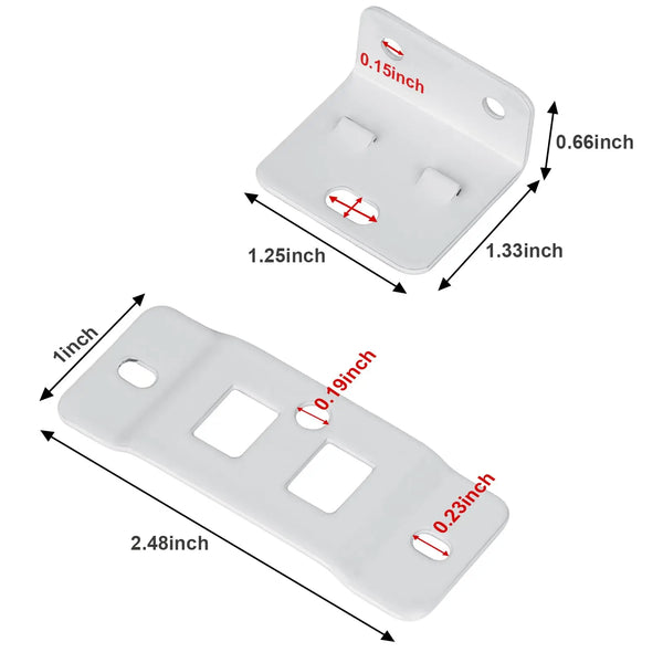 A set of white heavy-duty stainless steel corner brackets with various dimensions shown in plan view.