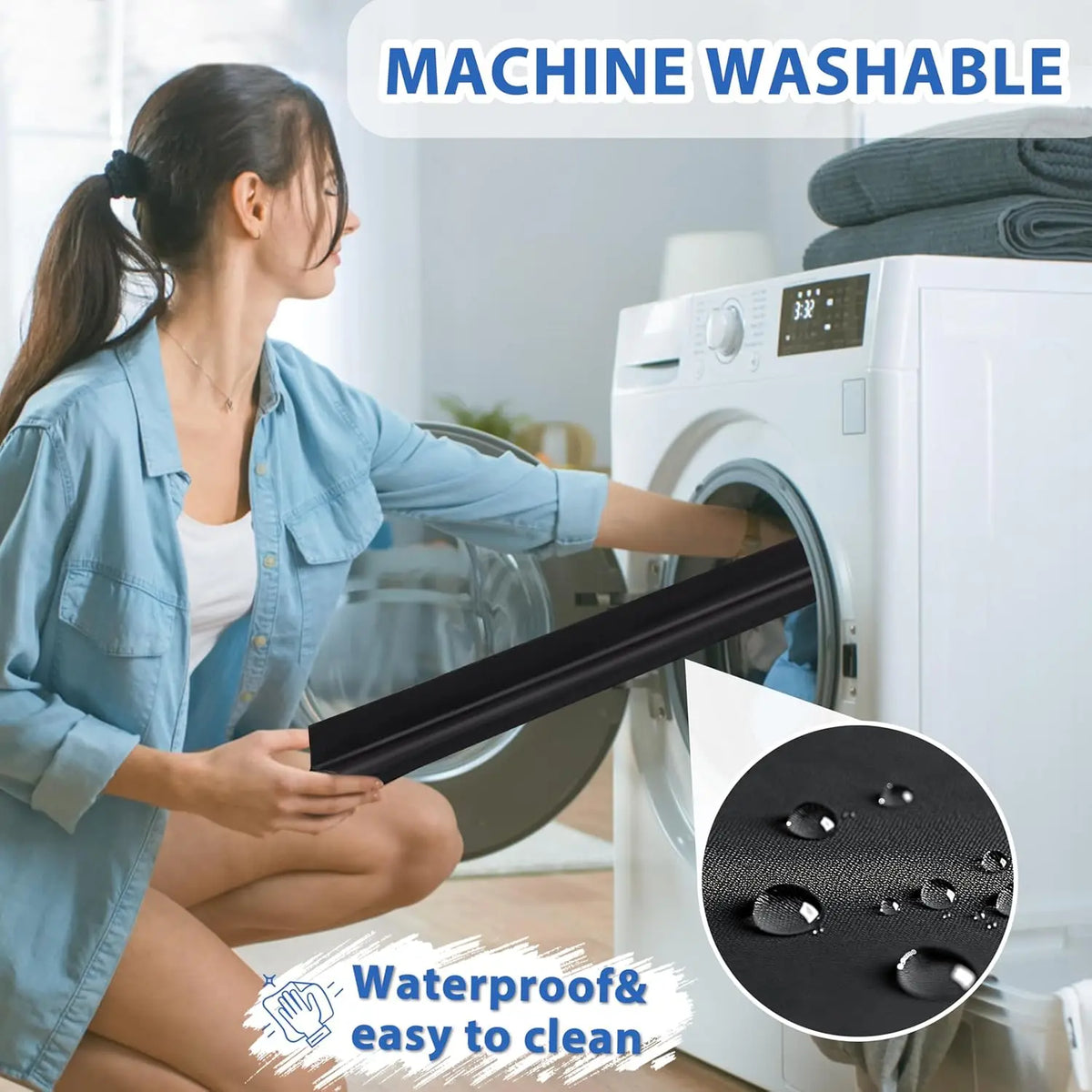 A woman demonstrates a waterproof and easy-to-clean machine washable door draft stopper for weather sealing.