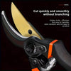 Close-up of a golden knife garden pruning shear with a black handle and orange accents.