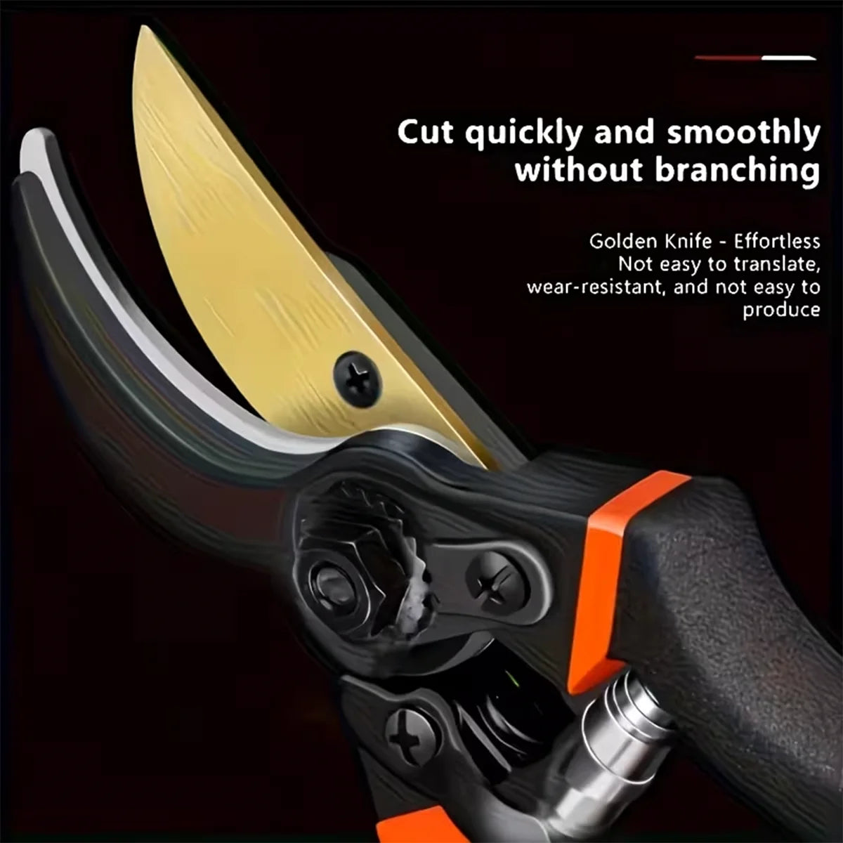 Close-up of a golden knife garden pruning shear with a black handle and orange accents.