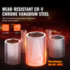 A set of wear-resistant CR-V chrome vanadium steel tools including various sized sockets and a hardness rating display.