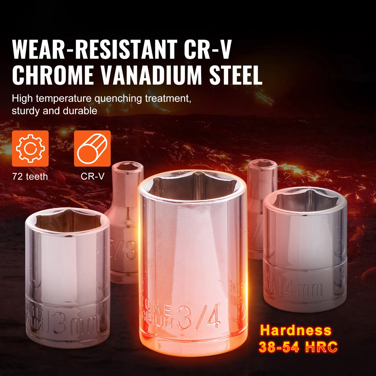 A set of wear-resistant CR-V chrome vanadium steel tools including various sized sockets and a hardness rating display.