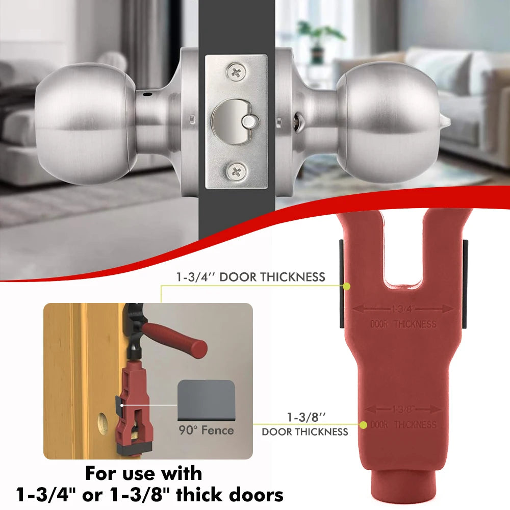 A silver door latch installation tool kit showing a latch mechanism and a guide for installing 1-3/4 inch or 1-3/8 inch doors