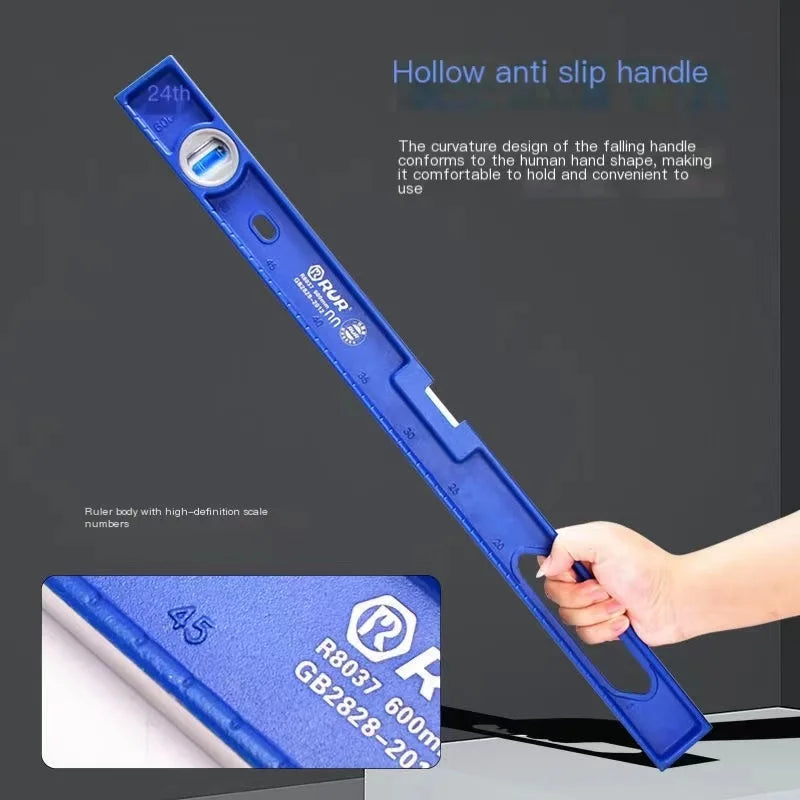 A blue hollow anti-slip handle ruler with a high-definition scale is shown being held by a hand.